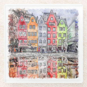 Posavasos De Vidrio Cologne Alemania Dibujo a color de agua a mano