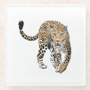 Posavasos De Vidrio color de agua leopardo jungla gato pintado de verd