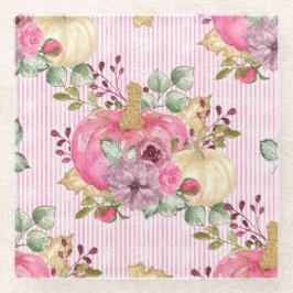 POSAVASOS DE VIDRIO COLOR DE AGUA ROSA Y BOMBA DE ORO Y FLORES DE CAÍD