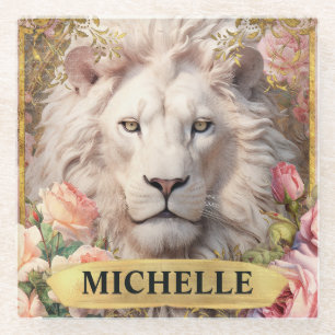 Posavasos De Vidrio Color de agua Vintage León blanco y rosas rosadas