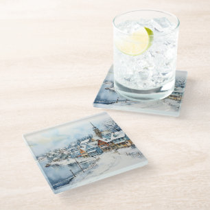 POSAVASOS DE VIDRIO COLOR DEL AGUA ESCENA DEL PUEBLO DE INVIERNO DE MA