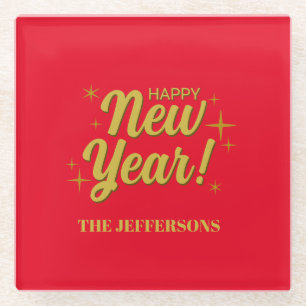 Posavasos De Vidrio Color dorado Rojo Feliz Año Nuevo Feliz Navidad