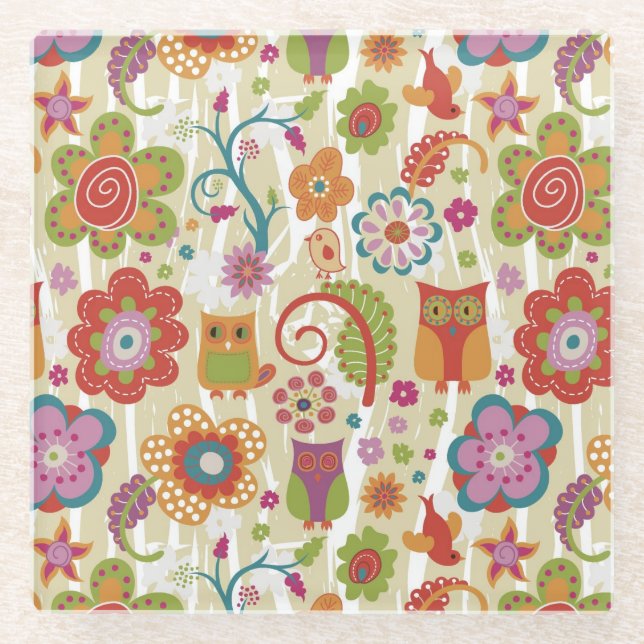 Posavasos De Vidrio Color floral y búho (Anverso)