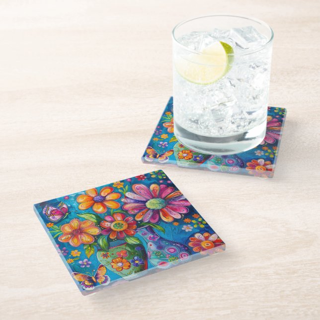 Posavasos De Vidrio Colores Brillantes Florales (Angular)