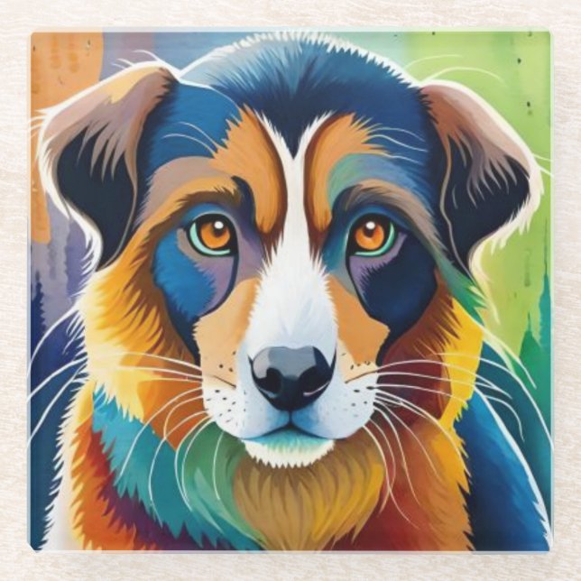 Posavasos De Vidrio Colorida cara de perro cerca (Anverso)