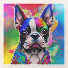 Posavasos De Vidrio Colorida pintura de Boston Terrier