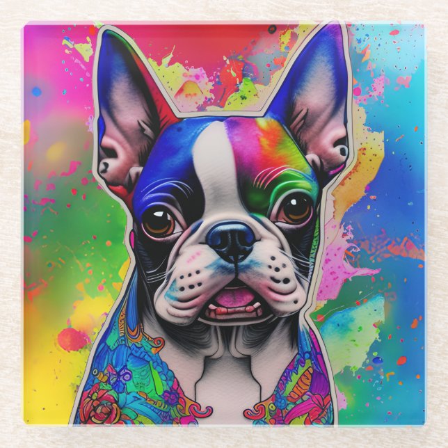 Posavasos De Vidrio Colorida pintura de Boston Terrier (Anverso)