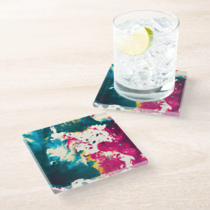 Posavasos De Vidrio Colorido Abstract Splatter Paint Verde azulado y m