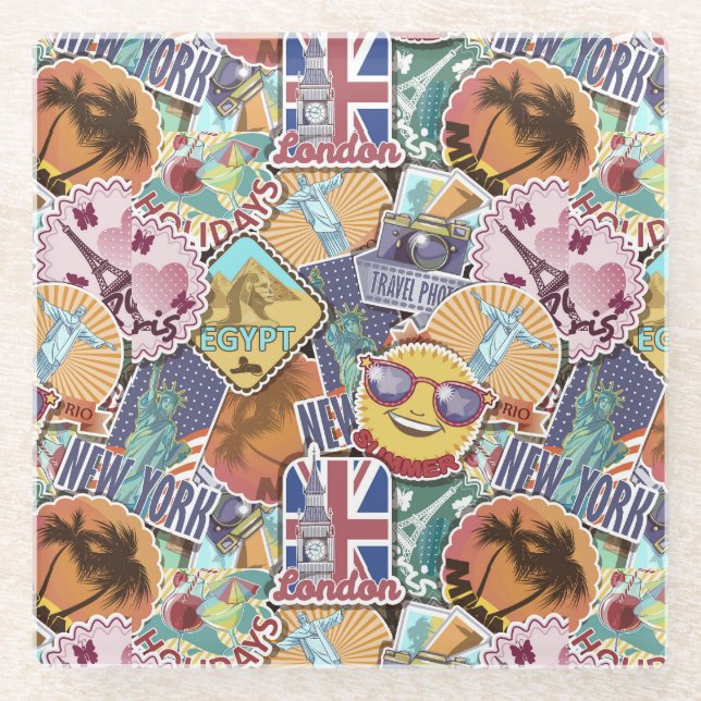 Posavasos De Vidrio Colorido patrón Pegatina de viajes (Anverso)