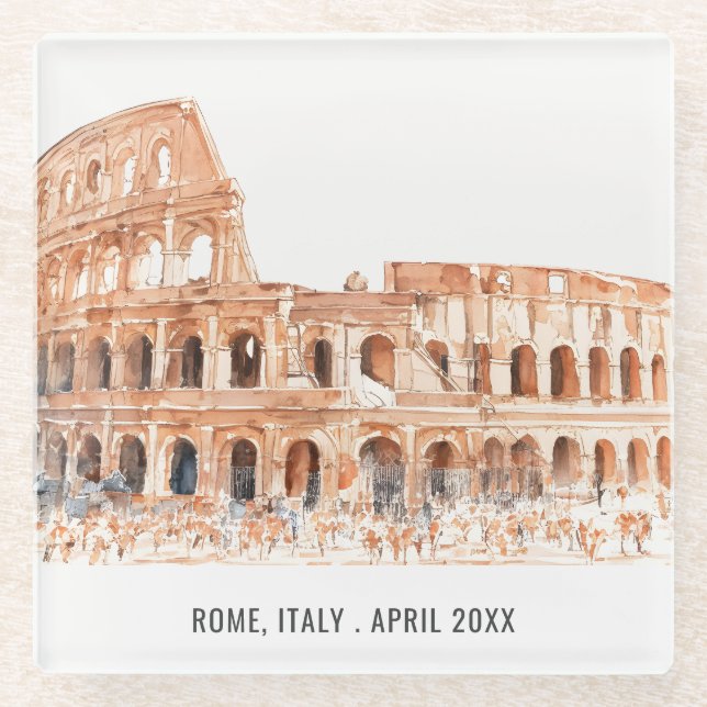 Posavasos De Vidrio Colosseo Roma Italia acuarela Viaje italiano (Anverso)