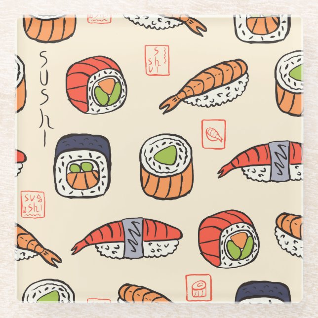Posavasos De Vidrio Comida de sushi, diseño de patrones impecable. (Anverso)