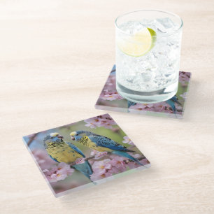 Posavasos De Vidrio "Compañeros vibrantes: Budgies azules y amarillos"