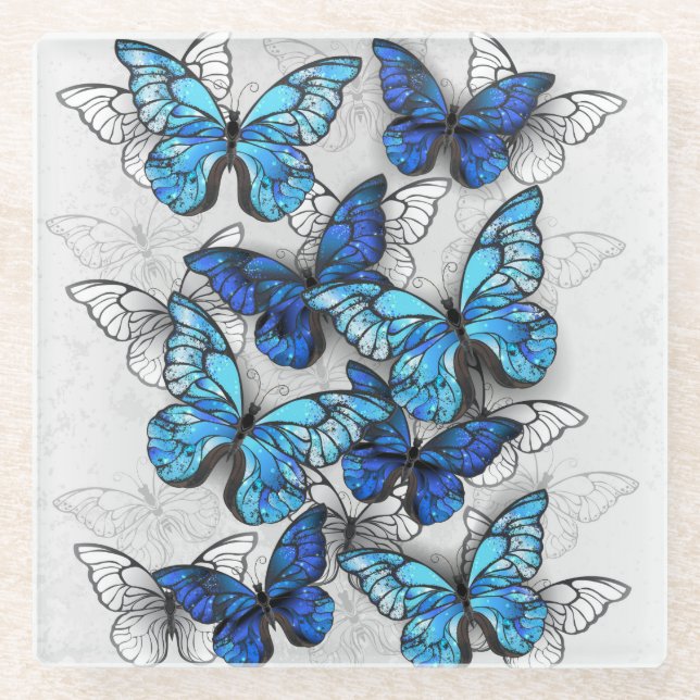 Posavasos De Vidrio Composición de las mariposas blancas y azules (Anverso)