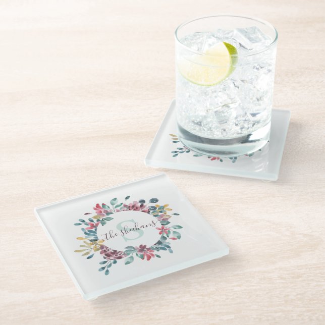 Posavasos de vidrio con flores de acuarela monogra (Angular)