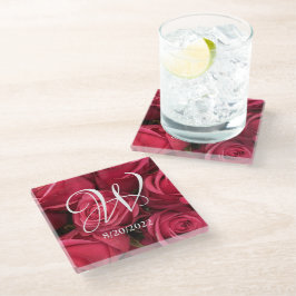 Posavasos de vidrio con flores de rosas rosadas co