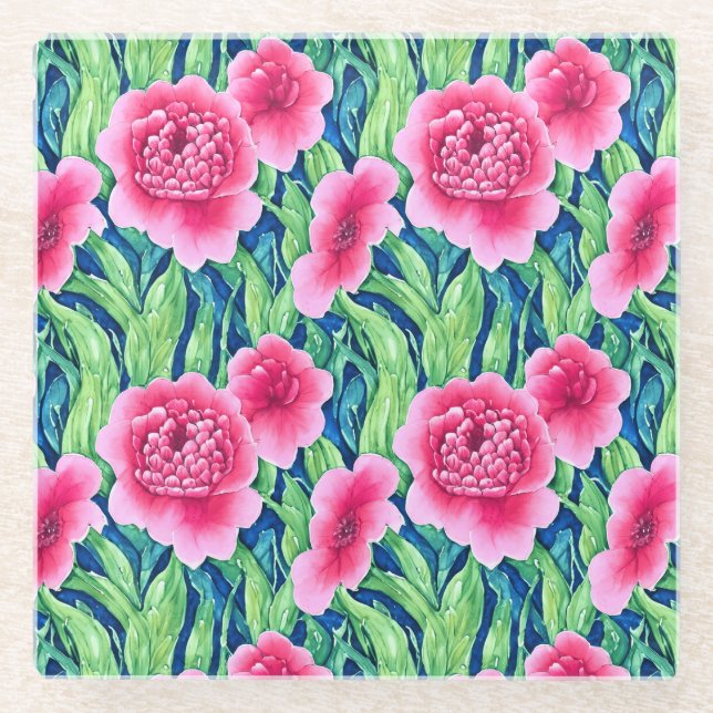 Posavasos de vidrio con flores en acuarela (Anverso)