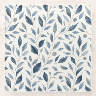 Posavasos de vidrio con hojas de acuarela azul ele