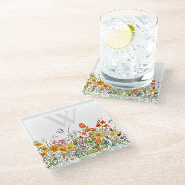 Posavasos de vidrio con monograma floral elegante (Angular)