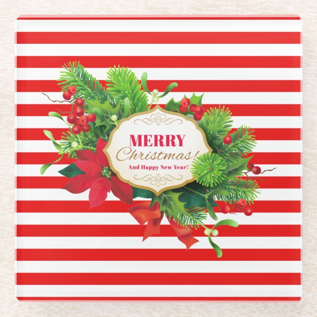 Posavasos de vidrio con rayas rojas de Navidad (Anverso)