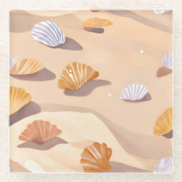 Posavasos De Vidrio Conchas en la Arena | Acuarela de Océano Playa
