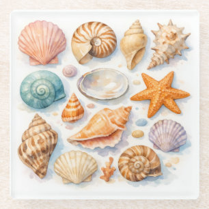 Posavasos De Vidrio Conchas marinas coloridas. Náutico.