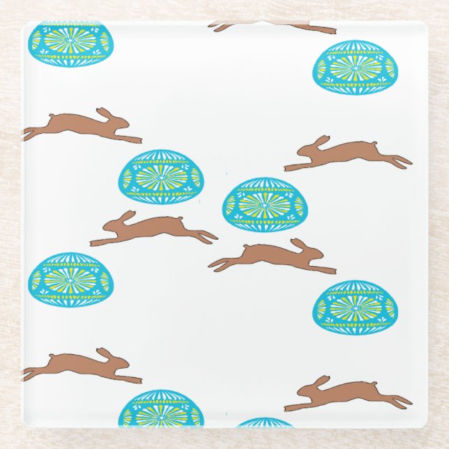 Posavasos De Vidrio conejo de Pascua y huevos en blanco (Anverso)