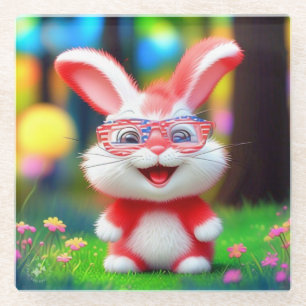 Posavasos De Vidrio Conejo Rojo con Gafas Americanas Dibujo-44244