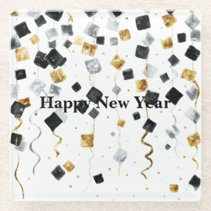 Posavasos De Vidrio Confeti de Año Nuevo Feliz de Oro Negro