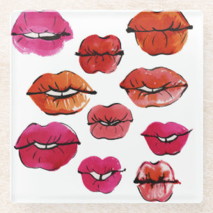 Posavasos De Vidrio Conjunto de labios de tinta y acuarela