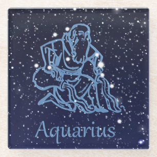Posavasos De Vidrio Constelación de Acuario y signo del zodiaco con es