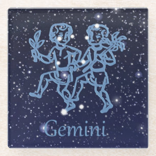 Posavasos De Vidrio Constelación de Géminis y signo del zodiaco con es