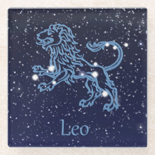 Posavasos De Vidrio Constelación de Leo y signo zodiacal con estrellas