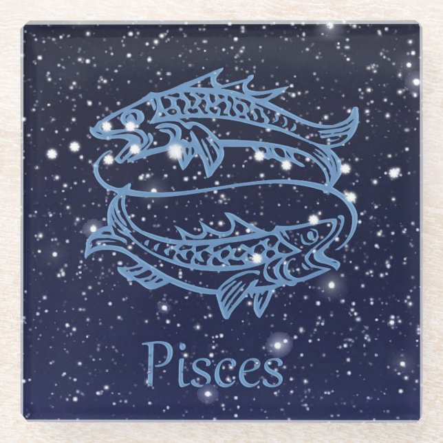 Posavasos De Vidrio Constelación Pisces y Rótulo Zodiaco con Estrellas (Anverso)