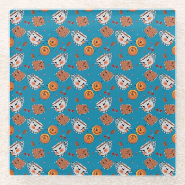 Posavasos De Vidrio Cookies, bollos: patrón de fondo azul (Anverso)
