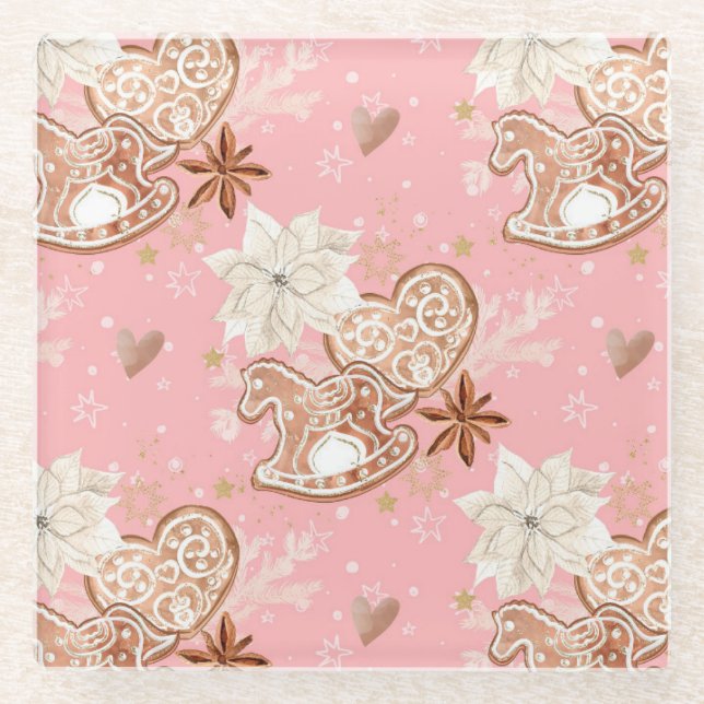 Posavasos De Vidrio Cookies y copos de nieve de Navidades rosas acuare (Anverso)