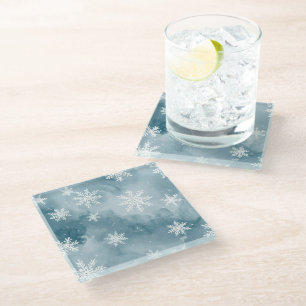 Posavasos De Vidrio Copos de Nieve Azul Pálido Acuarela Invierno