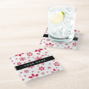 Posavasos De Vidrio Copos de nieve rojos, tu nombre, personaliza