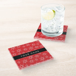 Posavasos De Vidrio Copos de nieve rojos y blancos, tu nombre, persona