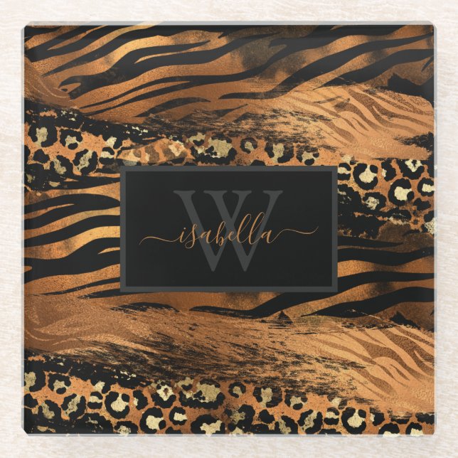 Posavasos De Vidrio Copper Gold Black Monogramed Script Nombre inicial (Anverso)