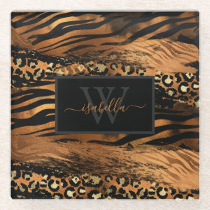 Posavasos De Vidrio Copper Gold Negro Monograma Inicial Nombre Letra