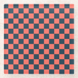 Posavasos De Vidrio Coral and navy checkerboard pattern