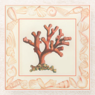 Posavasos De Vidrio Coral rojo con la frontera de Shell de la concha