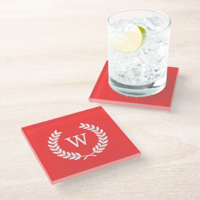 Posavasos De Vidrio Coral Rojo Trigo Laurel Wreath Monograma inicial (Angular)