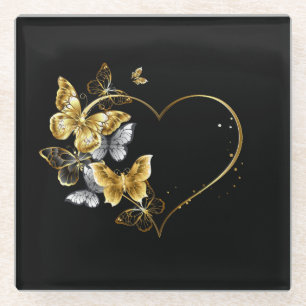 Posavasos De Vidrio Corazón con mariposas doradas