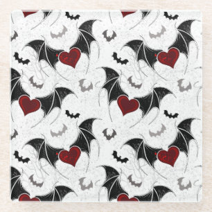 Posavasos De Vidrio Corazón de Halloween con alas de murciélago negro