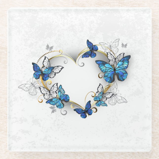 Posavasos De Vidrio Corazón de joyas con mariposas Morfo (Anverso)