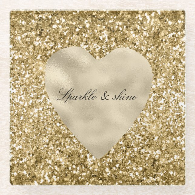 Posavasos De Vidrio Corazón de Oro Glitter Personalizado             (Anverso)