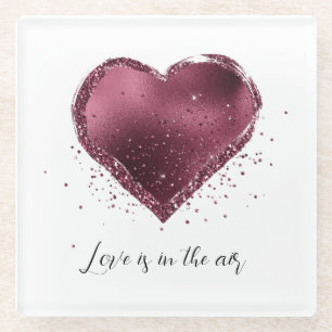 Posavasos De Vidrio Corazón de Purpurina de Brillo de Cereza de Borgoñ
