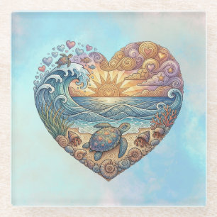 Posavasos De Vidrio Corazón del Océano Tortuga Marina Atardecer en la