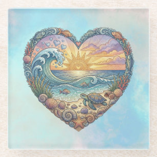 Posavasos De Vidrio Corazón del Océano Tortuga Marina Atardecer en la